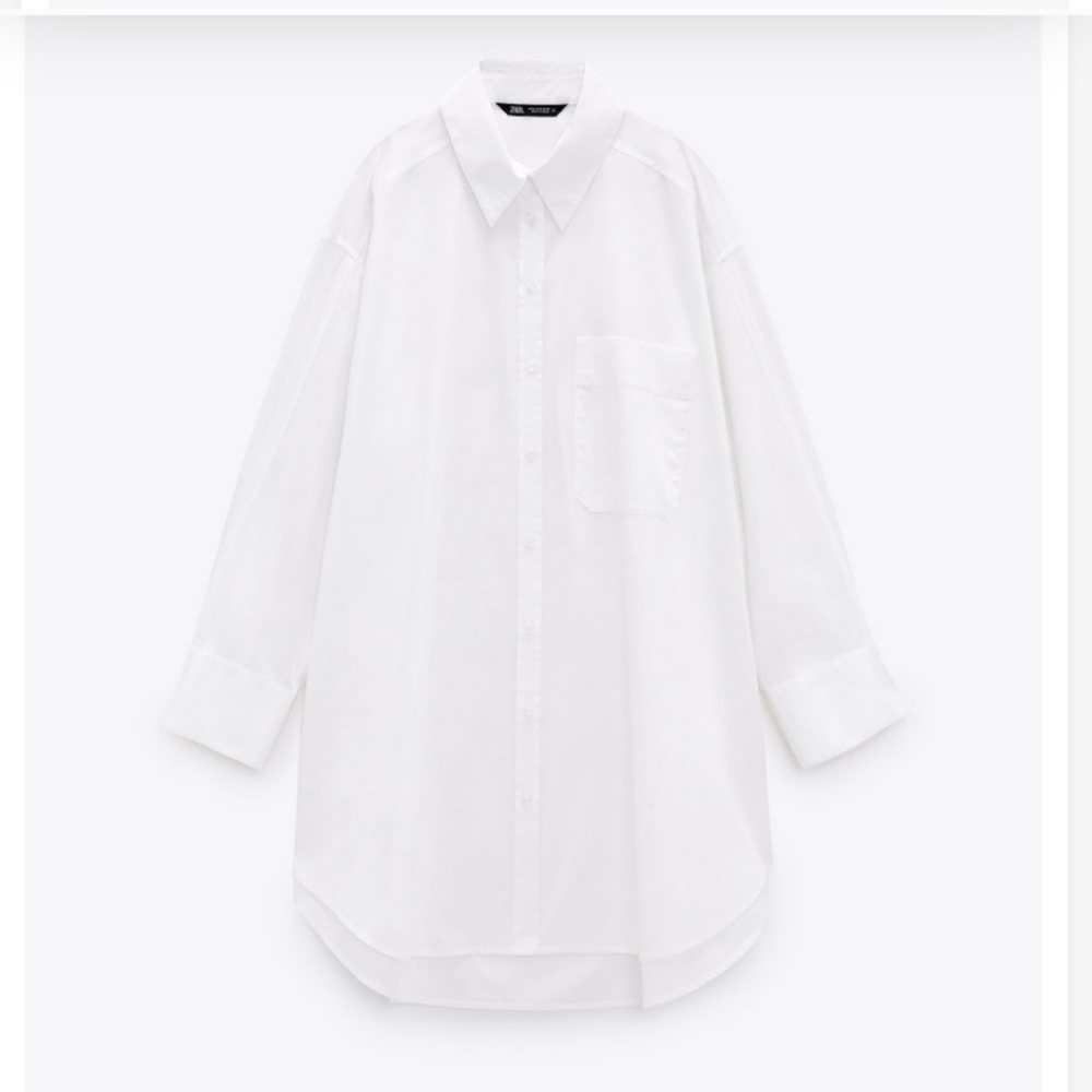 ZARA Button Front Oversized Shirt Dress White Size XS